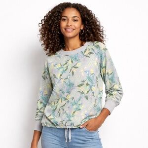 OLD NAVY ACTIVE Tropical Floral Sweatshirt Gray Drawstring Hem L